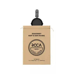 Roca 12.5cm cast iron skillet with a patterned handle sleeve and a branded cotton storage bag.