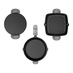 Set of three black cookware pieces on a white background