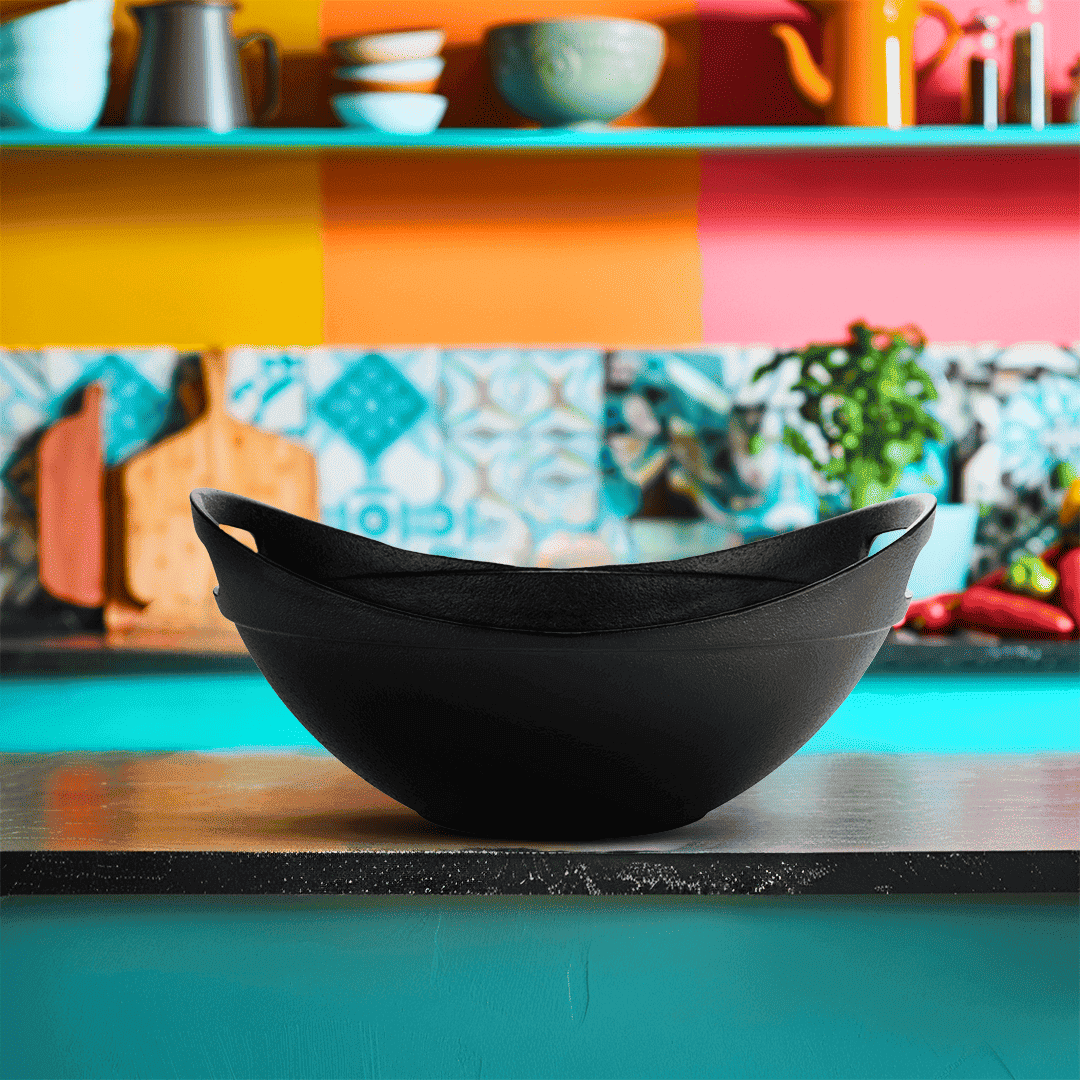 Black bowl on a colorful shelf with kitchen items