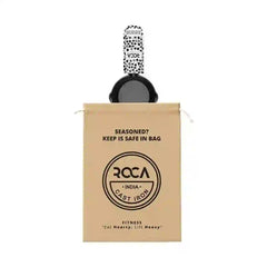 Roca Triton 11cm cast iron sauce pan with a patterned handle sleeve and a tan cotton storage bag.