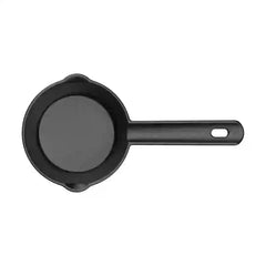 Top view of a black Roca Triton 11cm cast iron sauce pan with a long handle and two pour spouts.