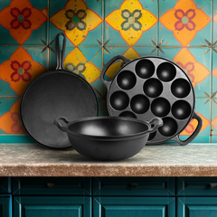 South Indian Sambar Squad (Breakfast magic unlocked) | Classic Dosa Tawa - 28 cm, Triton Paniyaram - 12-pit, Triton Kadai - 24 cm | Free Handle Sleeves & Storage Bag