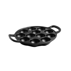 Roca Triton 12-pit cast iron paniyarakkal pan with dual handles on a white background.