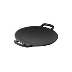 Roca Triton 25cm pre-seasoned cast iron roti tawa with double handles on a white background.