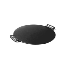 Round black cast iron Triton Dosa Tawa with two side handles on a white background.