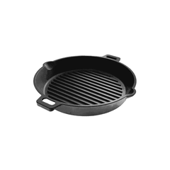 Round black cast iron Triton grill pan with two side handles and a ridged cooking surface.