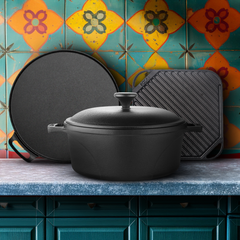 Urban Chef’s Arsenal (For Instagram-worthy meals) | Triton Grill Plate - 25 cm, Europa Dutch Oven - 24 cm, Triton Dosa Tawa - 30 cm | Free Handle Sleeves & Storage Bag