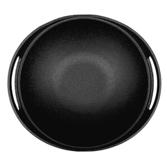 Top view of a 24cm Roca Europa cast iron kadai with a pre-seasoned black finish and side handles.