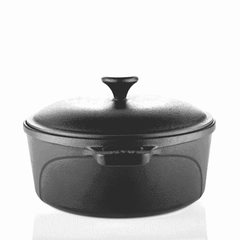 Roca Europa 24cm pre-seasoned black cast iron Dutch oven with lid and side handles.