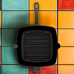 Classic Cast Iron Grill Pan - 100% Natural & Non-Stick Griddle/Barbeque Pan, Pre-Seasoned | Free Cotton Sleeves for Handles + Storage Bag - 24 cm