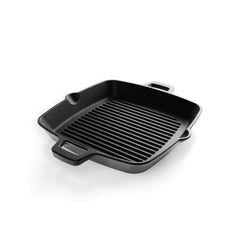 Square black cast iron grill pan with raised ridges, dual side handles, and a pour spout.