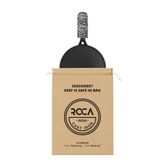 Black cast iron spatula with a ROCA branded pouch on a white background